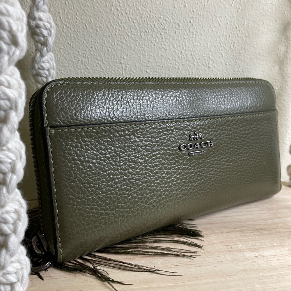 Coach Pebbled Leather Wallet in Dark Olive
